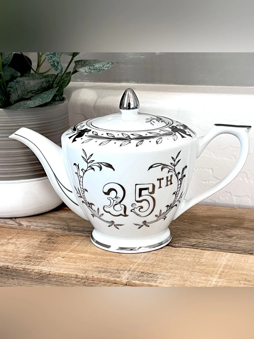 Vintage Lefton China 25th Anniversary Teapot NE279NP White Silver